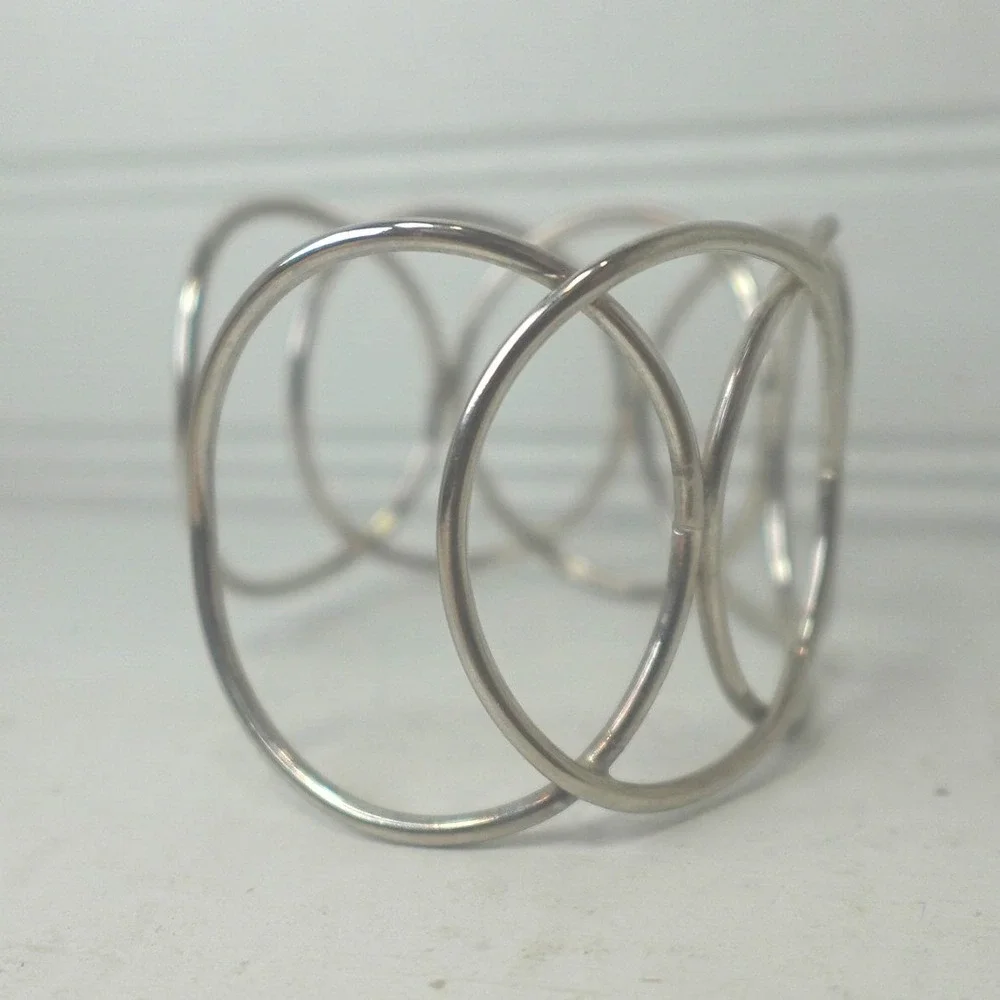 Y2K Silver Tone Wide Cuff Bracelet Open-work Chunky Circles Boho Modernist